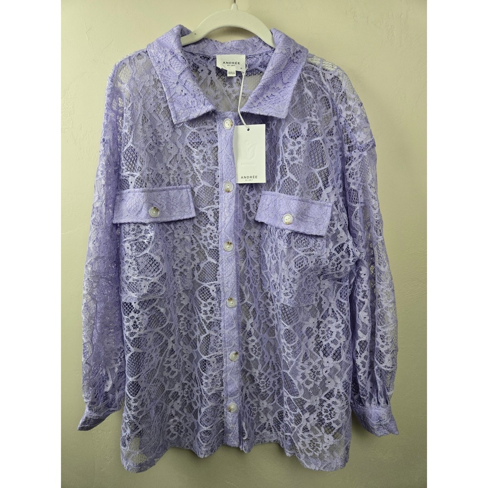 Andree by Unit Lavender Purple Floral Lace Button Down Shirt Top 1X New